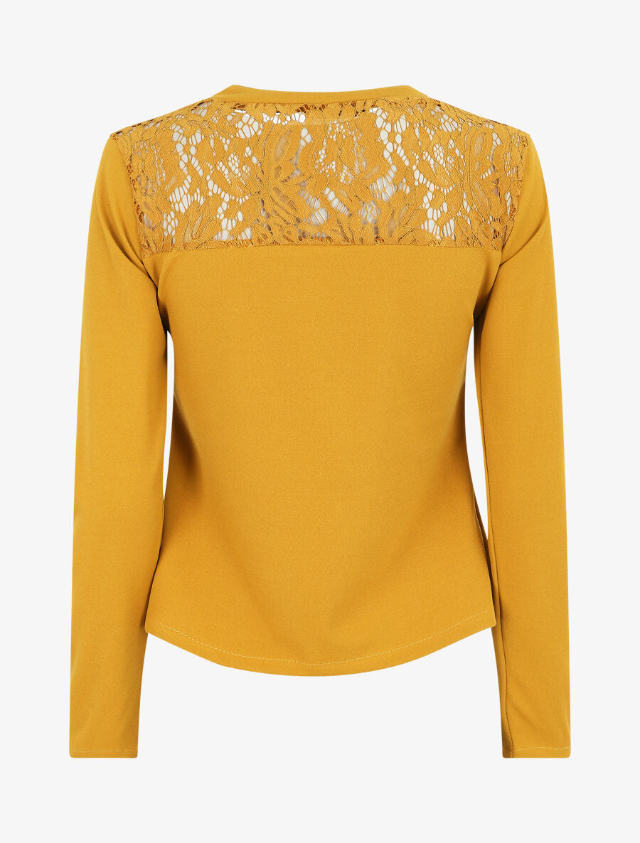 Blouse unie à dentelle - Moutarde - 2