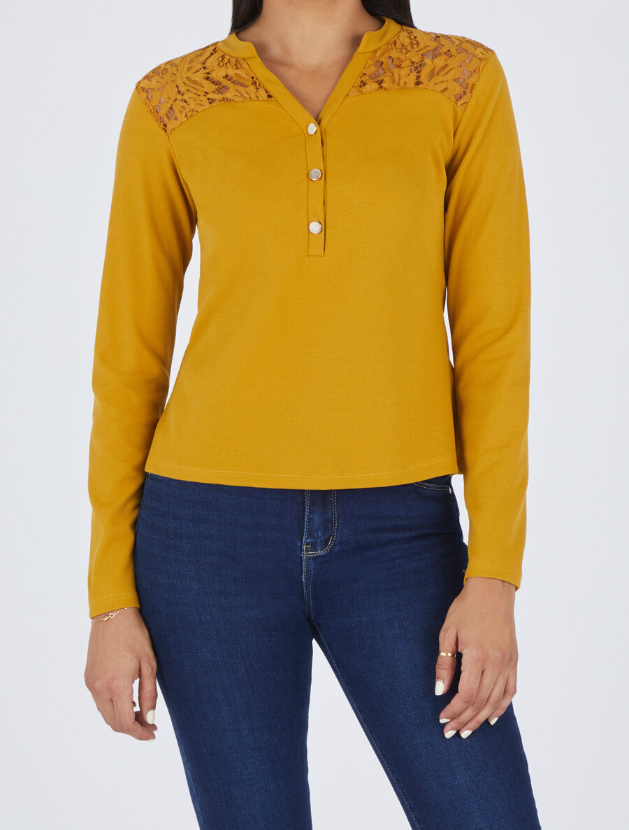 Blouse unie à dentelle - Moutarde - 4