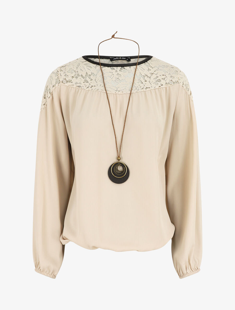 Top fluide à dentelle - Beige - 5