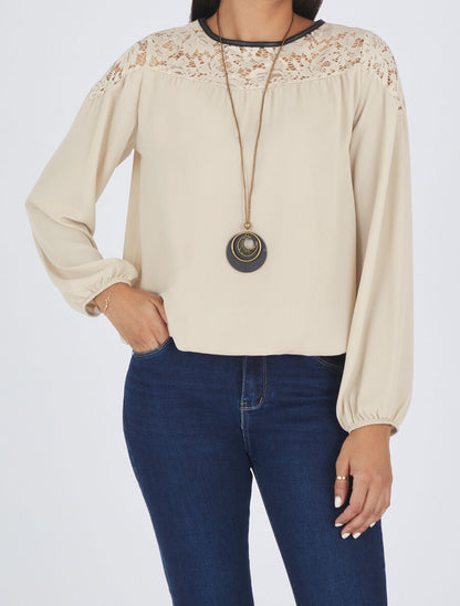 Top fluide à dentelle - Beige - 4