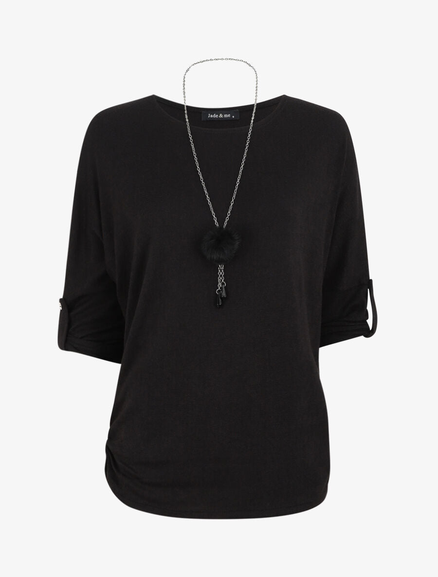 Pull ample uni avec sautoir - Noir - 1