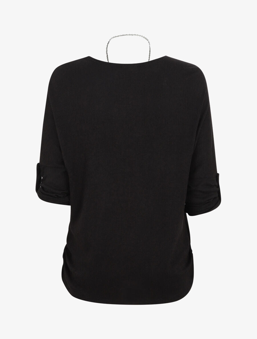 Pull ample uni avec sautoir - Noir - 2