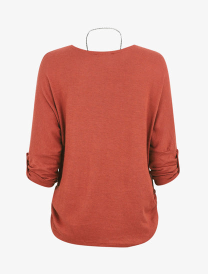 Pull ample uni avec sautoir - Rouille - 2