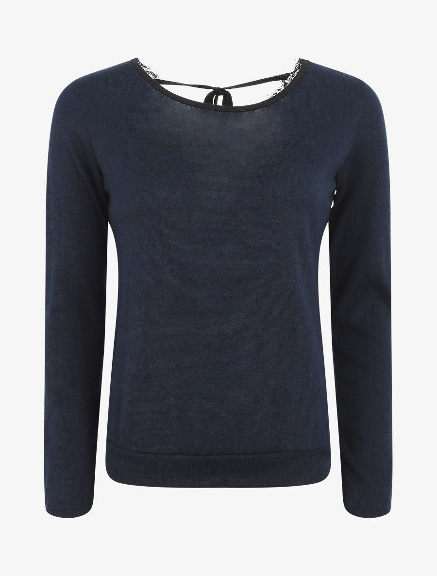 Pull droit à dos en dentelle - Bleu nuit - 4