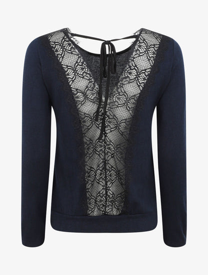 Pull droit à dos en dentelle - Bleu nuit - 2