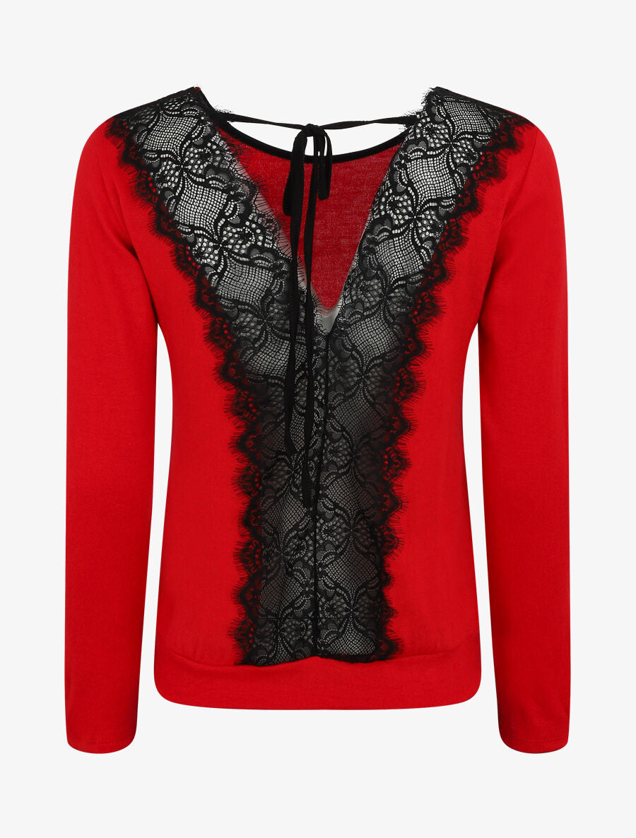Pull droit à dos en dentelle - Rouge - 2