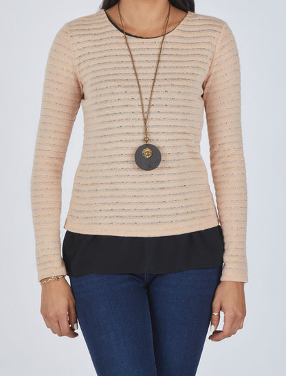 Pull droit rayé à doublure voile - Rose - 4