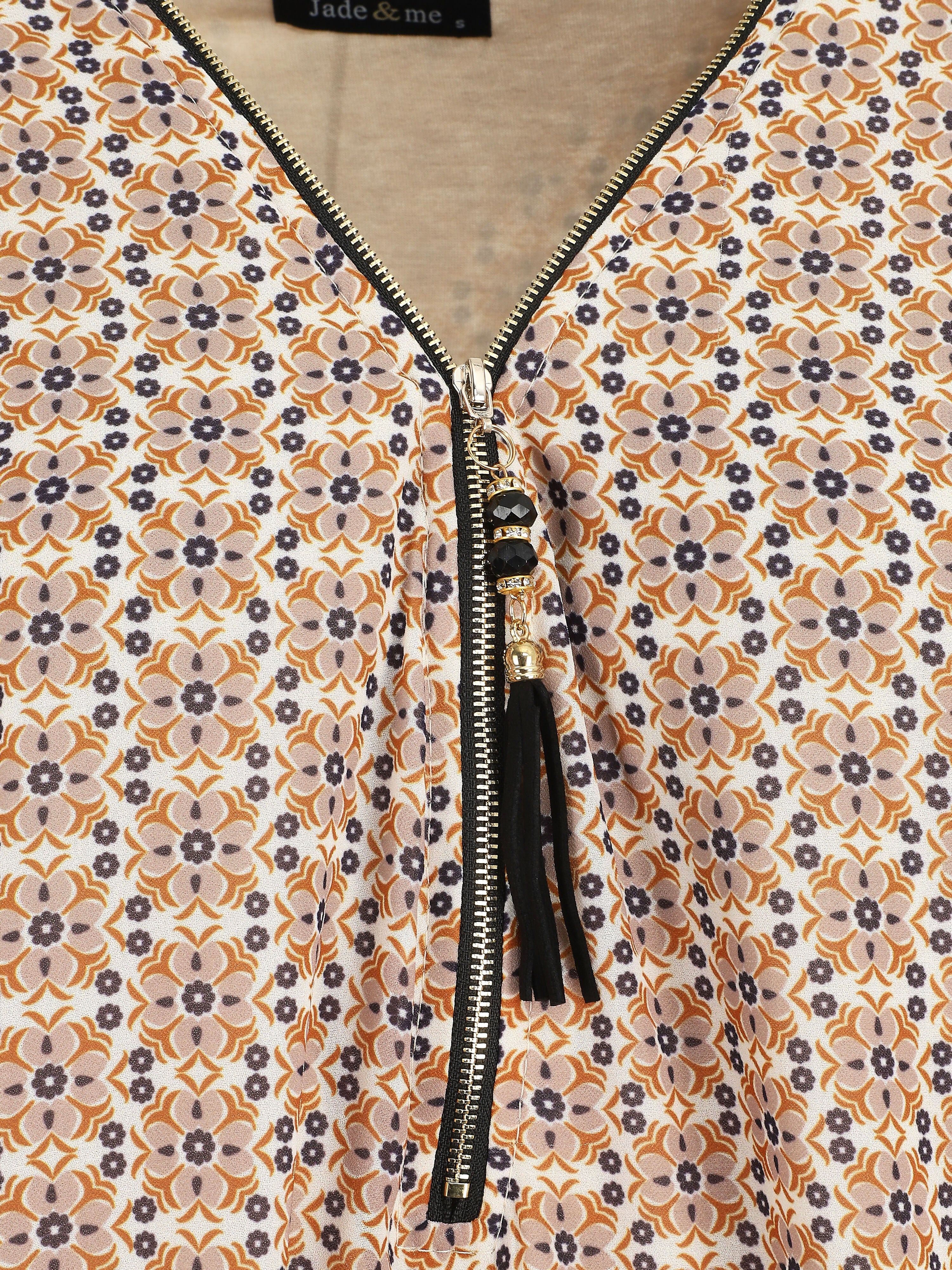 Blouse ample imprimé mosaïque fleurie à col zippé - Beige - 3