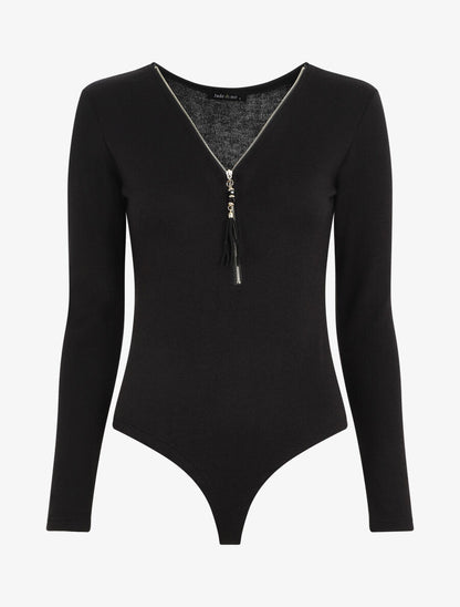 Body en maille uni à col V zippé - Noir - 1