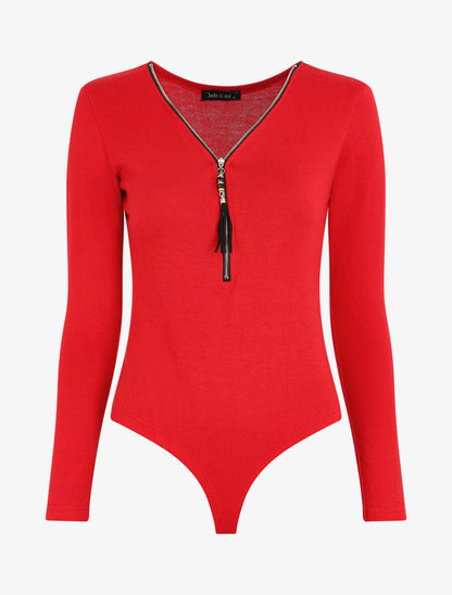 Body en maille uni à col V zippé - Rouge - 1