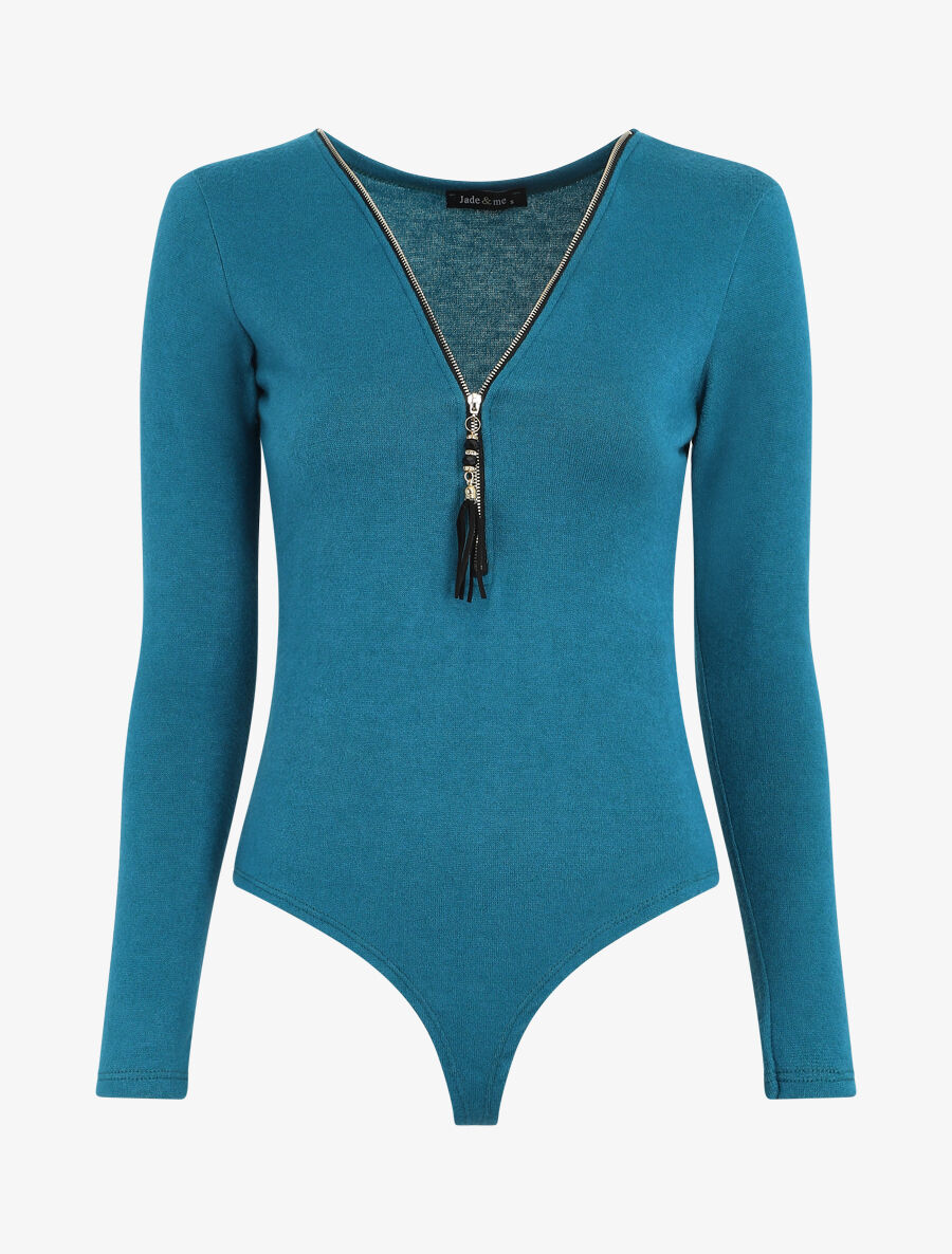 Body en maille uni à col V zippé - Bleu canard - 4