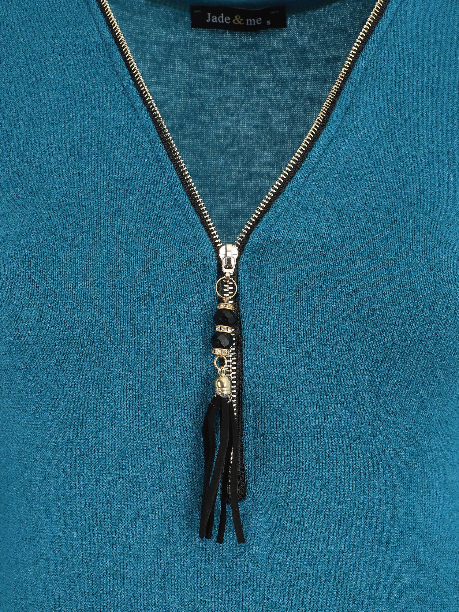 Body en maille uni à col V zippé - Bleu canard - 3