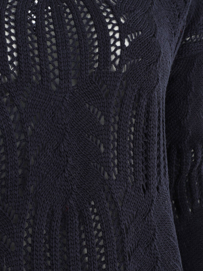 Pull uni à col V ajouré - Marine - 3