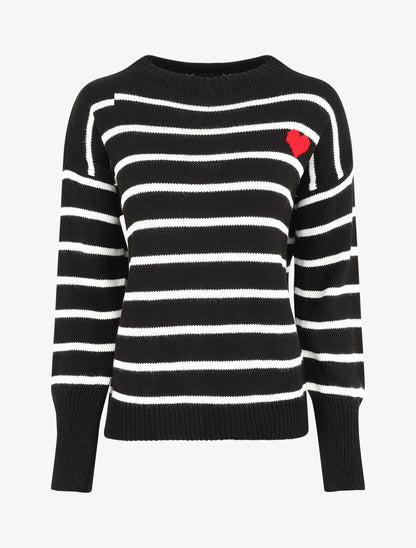 Pull rayé à coeur - Noir - 1