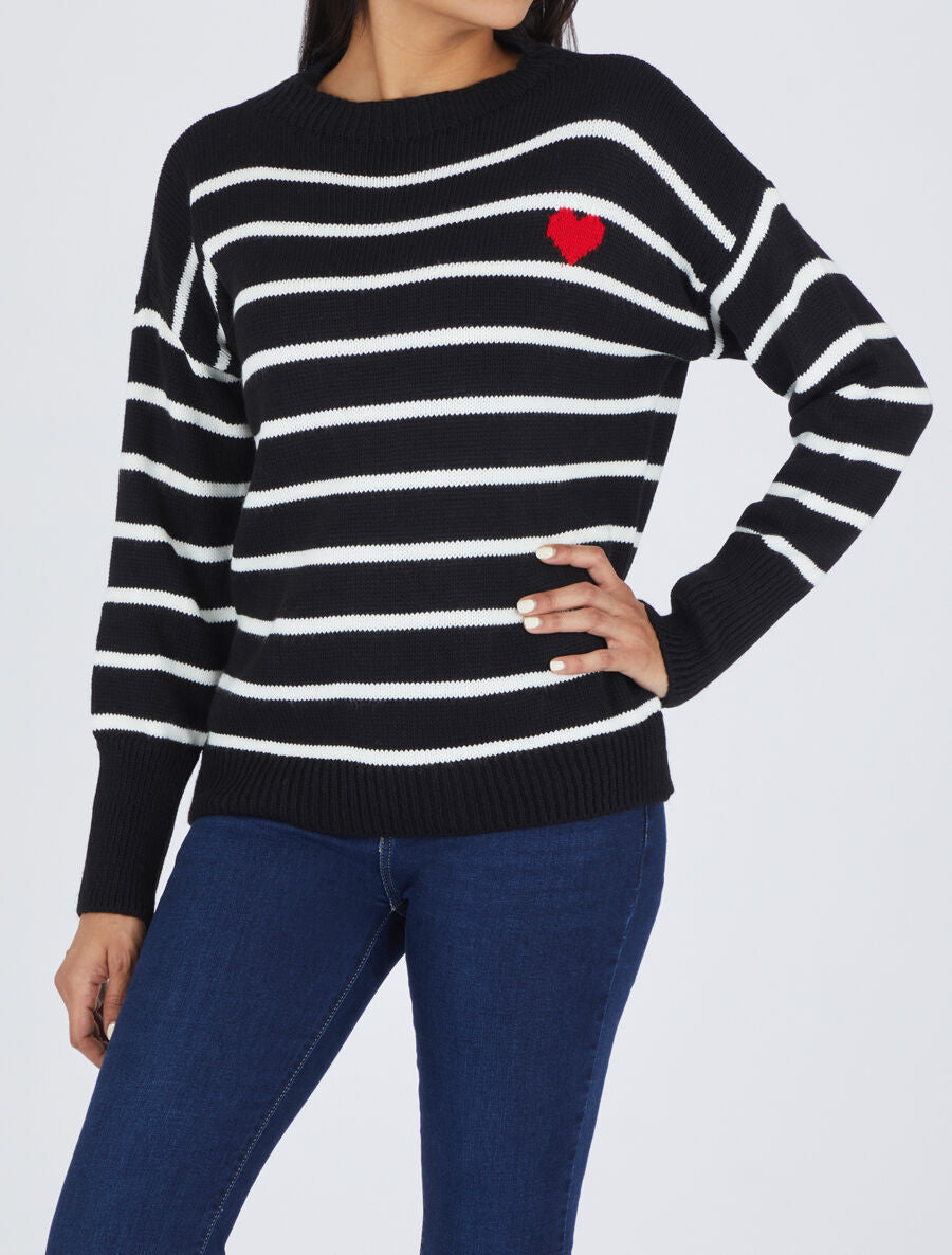 Pull rayé à coeur - Noir - 4