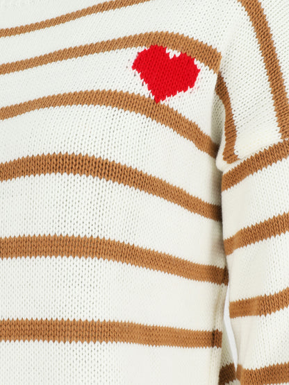 Pull rayé à coeur - Camel - 3
