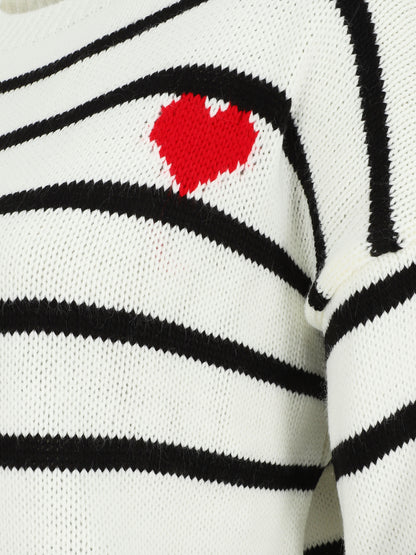 Pull rayé à coeur - Blanc - 3