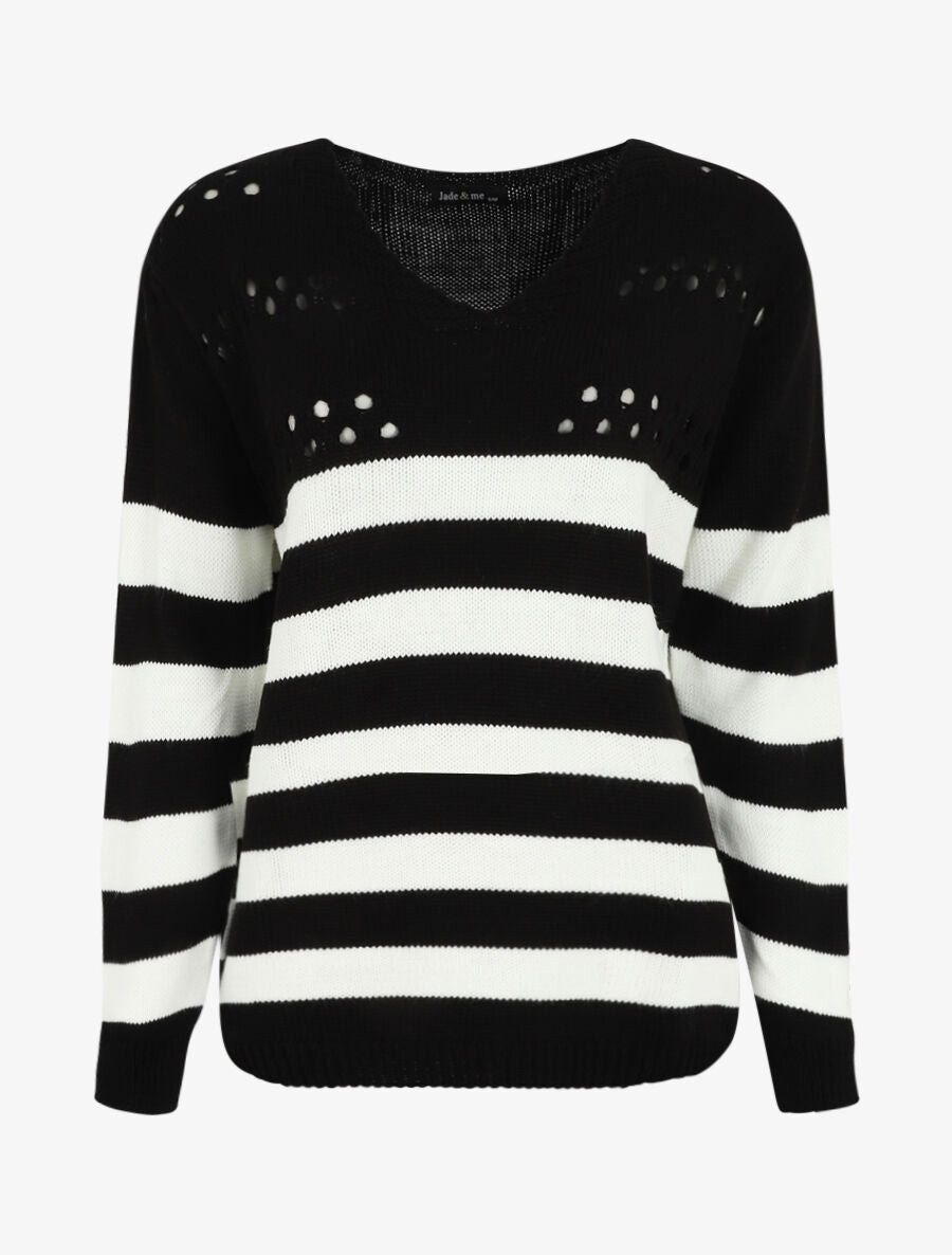 Pull ajourée à rayures - Noir/blanc - 1