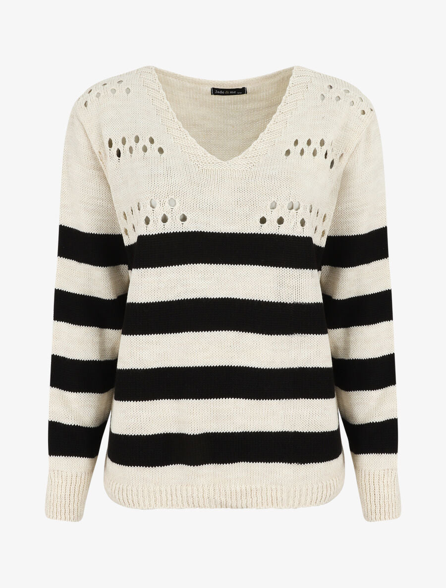 Pull ajourée à rayures - Noir/beige - 5