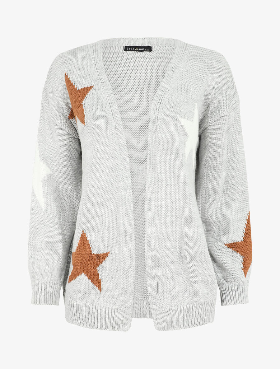Gilet mi-long ouvert à imprimé étoiles - Gris - 1