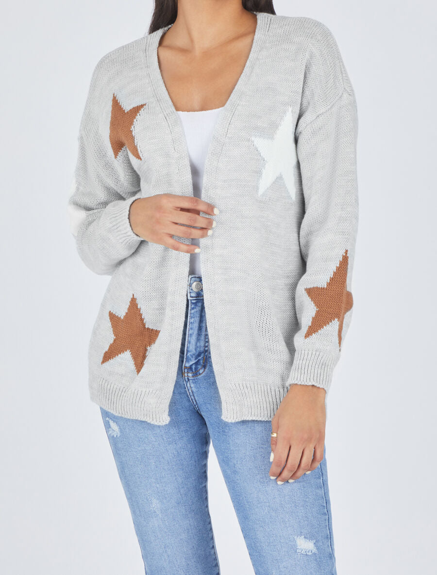 Gilet mi-long ouvert à imprimé étoiles - Gris - 4