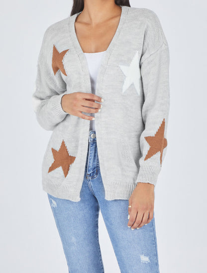 Gilet mi-long ouvert à imprimé étoiles - Gris - 4