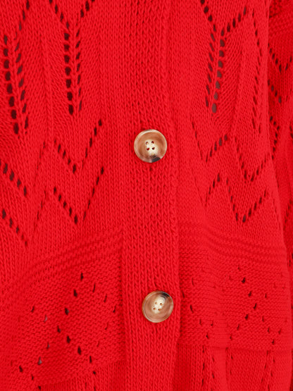 Cardigan grosse maille ajourée et bords côtelés - Rouge - 3