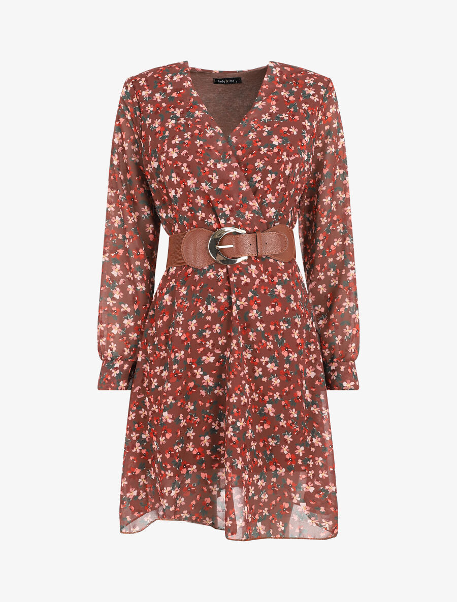 Robe mi-longue à imprimé petites fleurs - Marron - 1