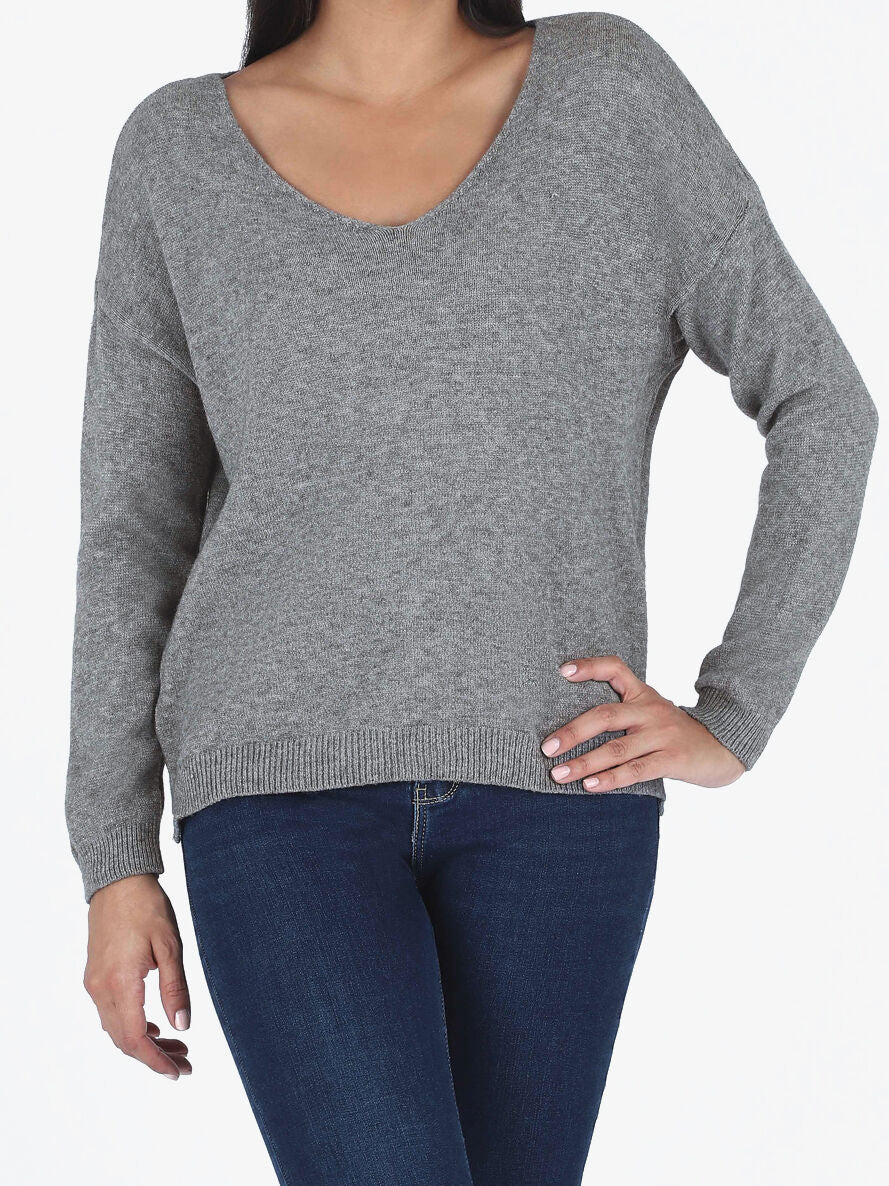 Pull ample uni col V - Gris - 4