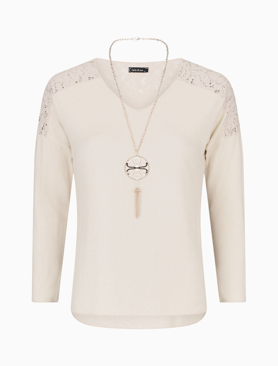 Pull droit à épaules en dentelle - Beige - 1
