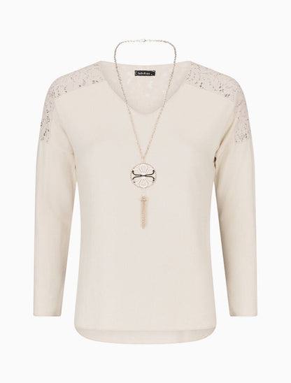 Pull droit à épaules en dentelle - Beige - 1
