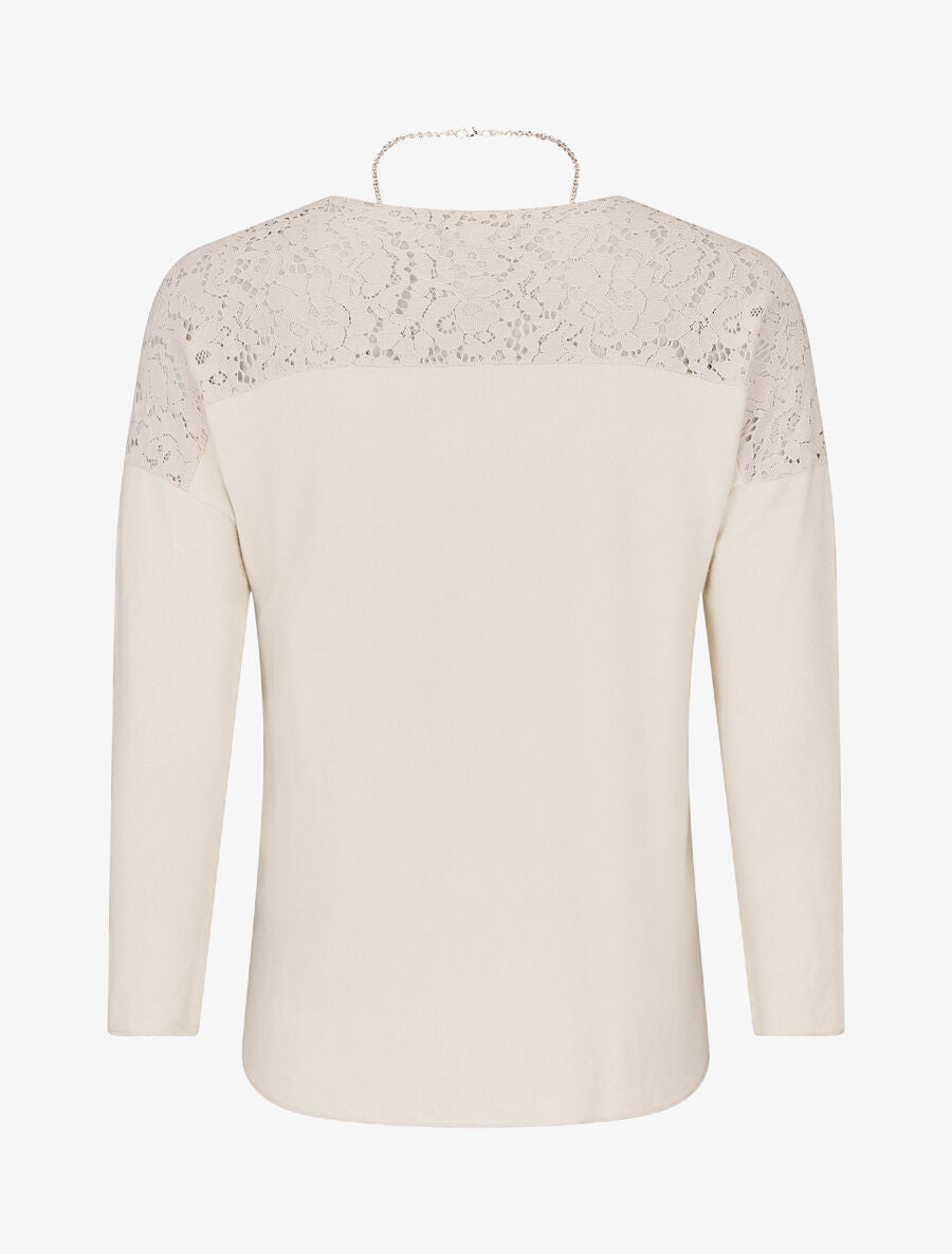 Pull droit à épaules en dentelle - Beige - 2