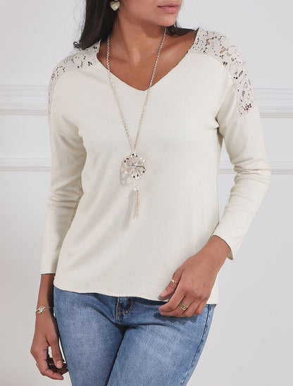 Pull droit à épaules en dentelle - Beige - 4