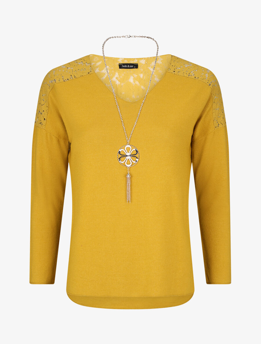 Pull droit à épaules en dentelle - Moutarde - 5