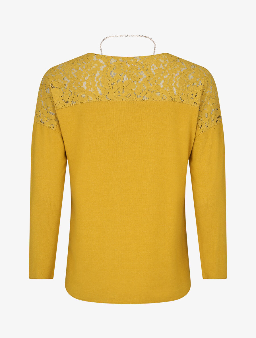 Pull droit à épaules en dentelle - Moutarde - 2