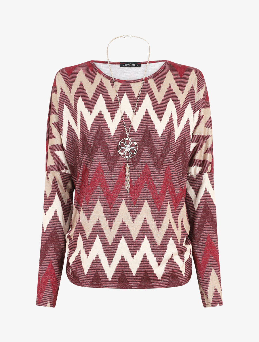 Top manches chauves-souris imprimé zig-zag irisé - Bordeaux - 1