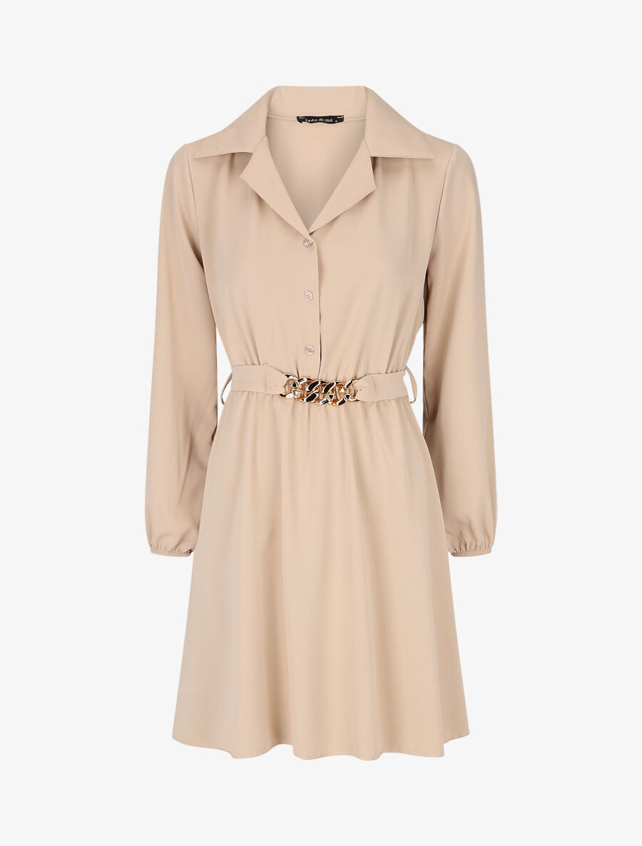 Robe chemise unie coupe patineuse - Beige - 5