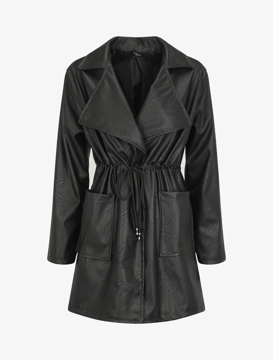 Veste mi-longue en simili - Noir - 5