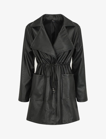 Veste mi-longue en simili - Noir - 5