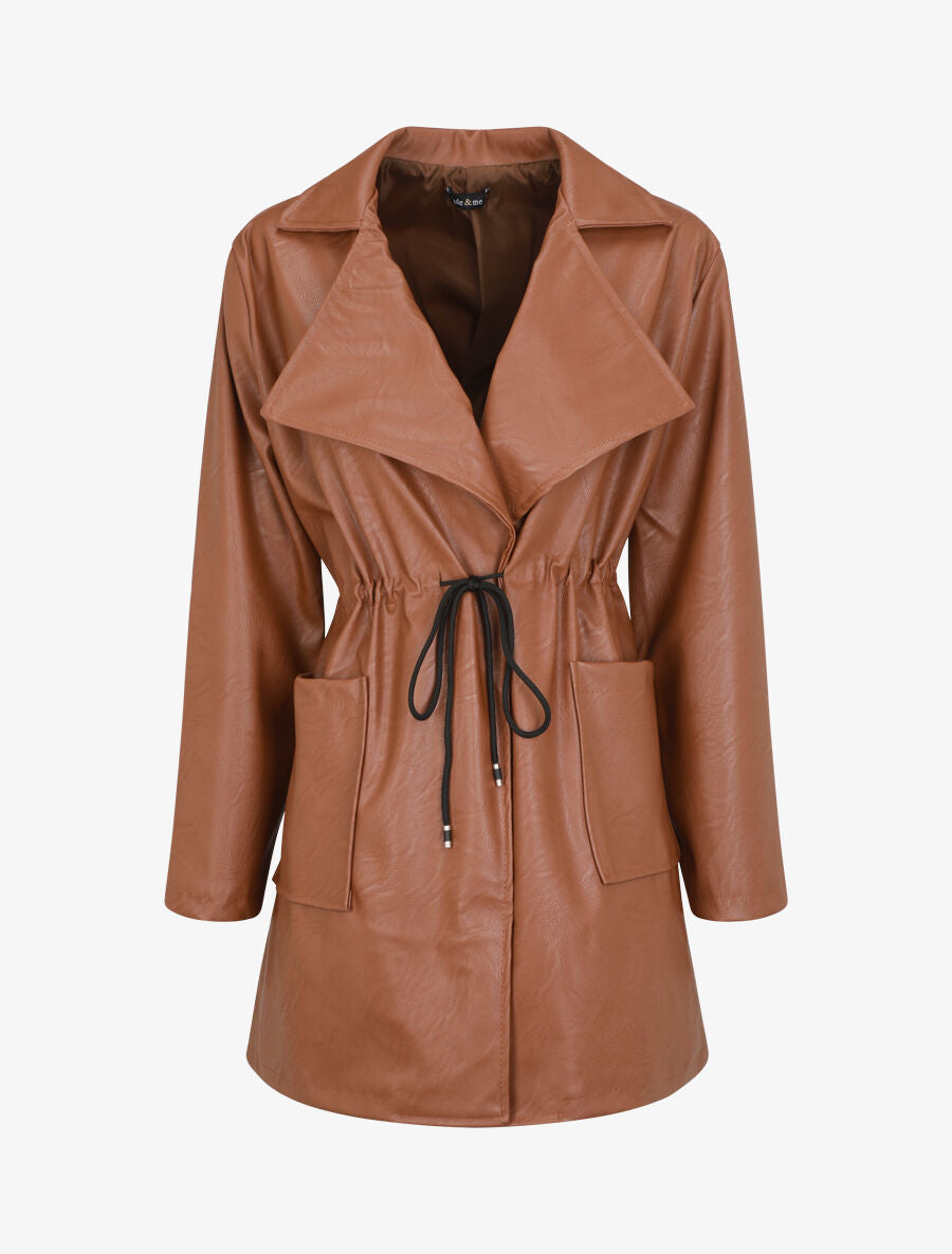 Veste mi-longue en simili - Marron - 1
