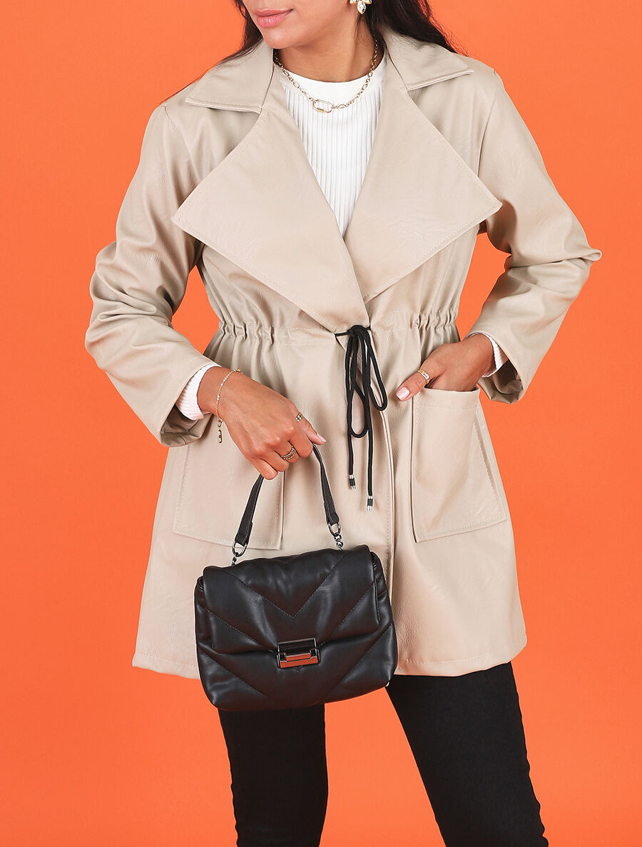 Veste mi-longue en simili - Beige - 4