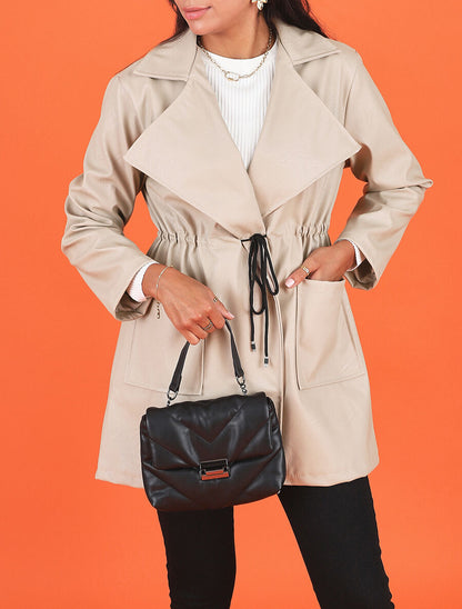 Veste mi-longue en simili - Beige - 4