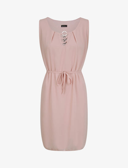 Robe en voile à col rond à détail anneaux - Rose poudré - 1
