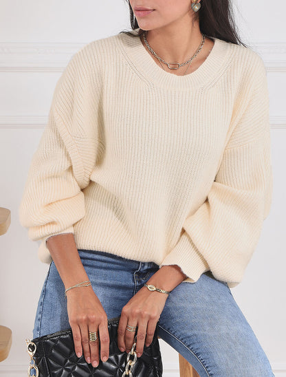 Pull uni à col rond - Beige - 1
