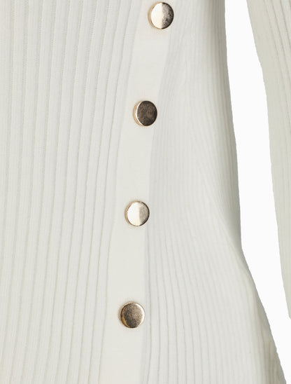 Pull uni côtelé à boutons dorés - Blanc - 3