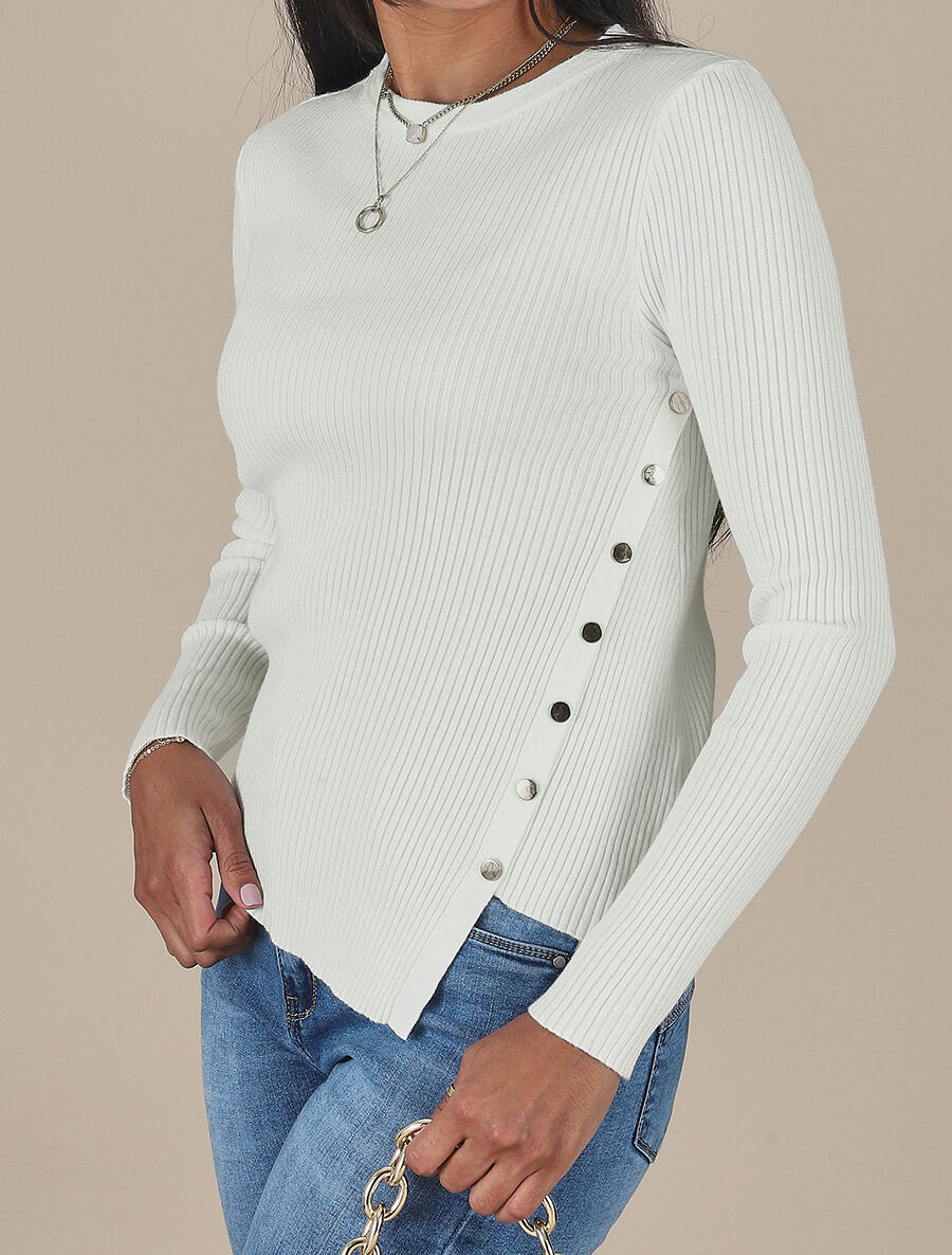 Pull uni côtelé à boutons dorés - Blanc - 4