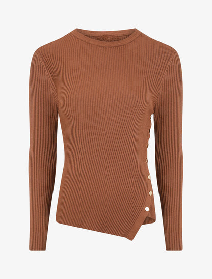 Pull uni côtelé à boutons dorés - Marron - 5