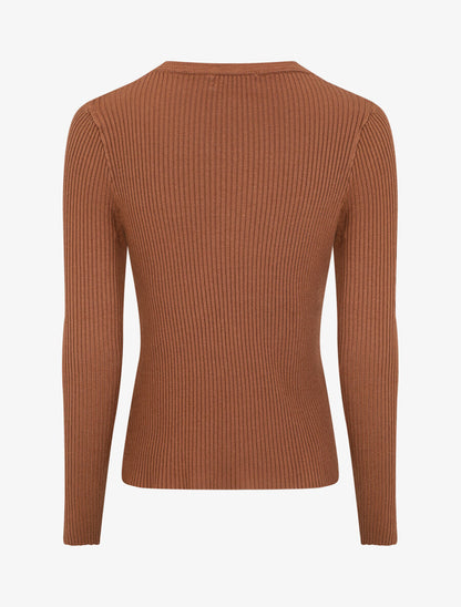 Pull uni côtelé à boutons dorés - Marron - 2