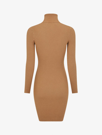 Robe pull uni à col roulé - Camel - 2