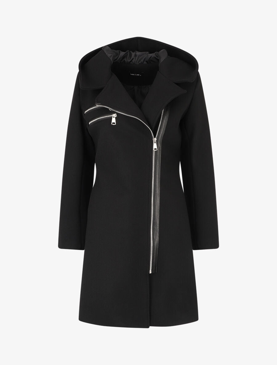 Manteau long zippé à capuche - Noir - 1